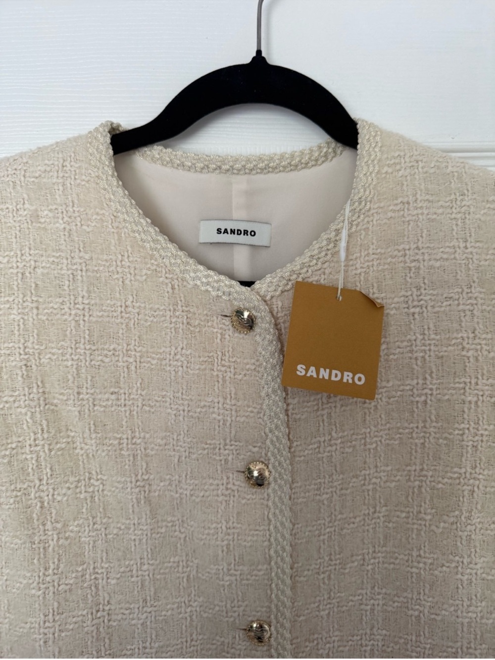 Sandro Cream Tweed Short-Sleeve Jacket with Gold Buttons 8 - Picture 8 of 11